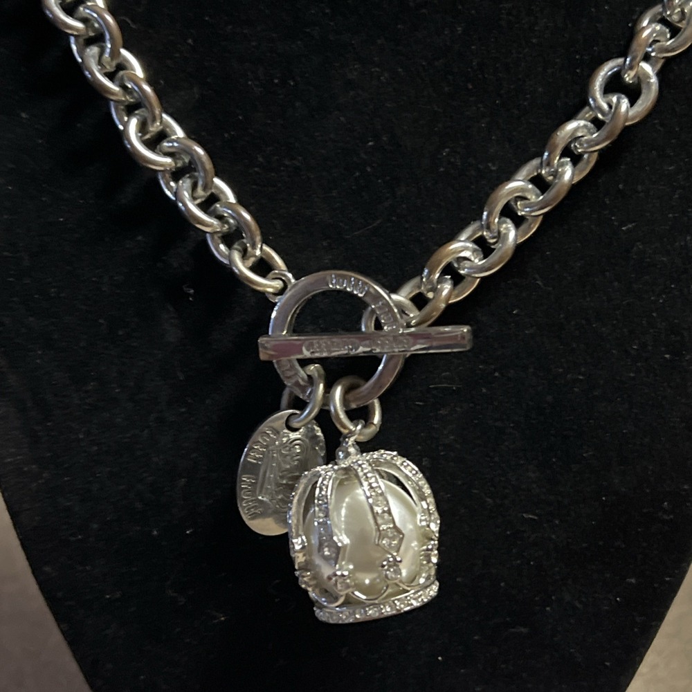 Tutti Frutti Crown Faux Pearl Rhinestone Necklace 18" Silver Chunky Chain Toggle